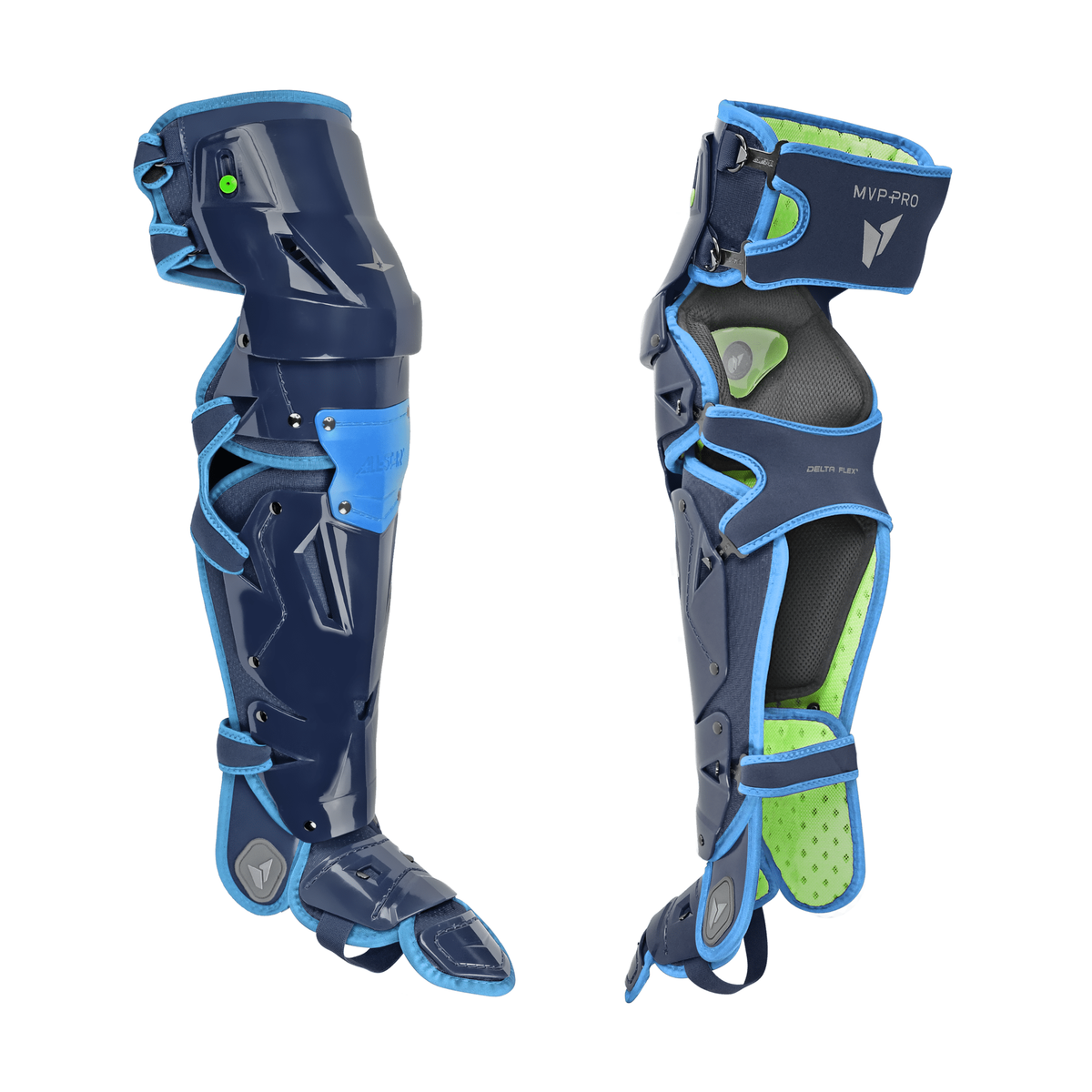 All-Star MVP-Pro adult large leg guards in navy/sky blue – front and rear views