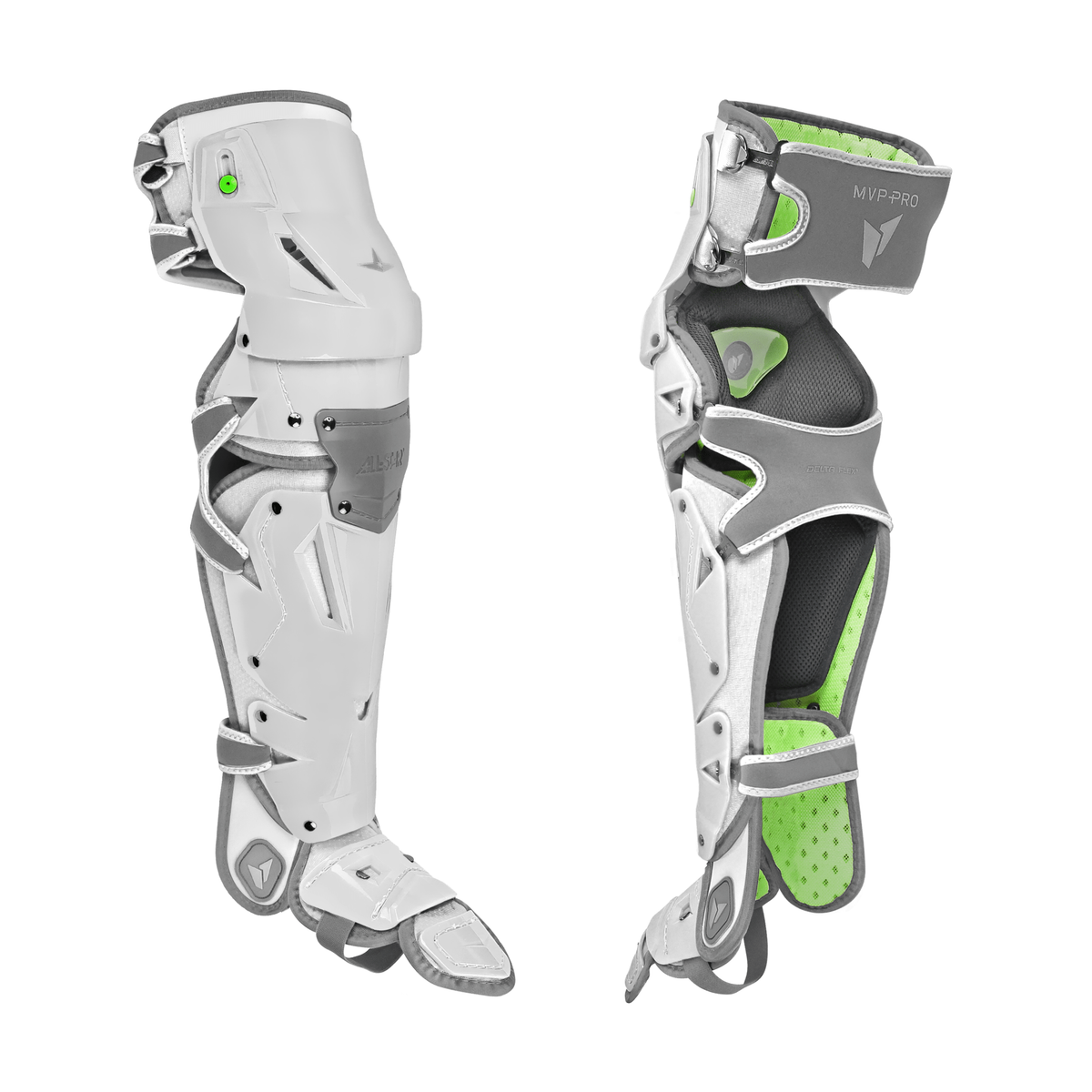 All-Star MVP-Pro adult large leg guards in white/graphite – front and rear views