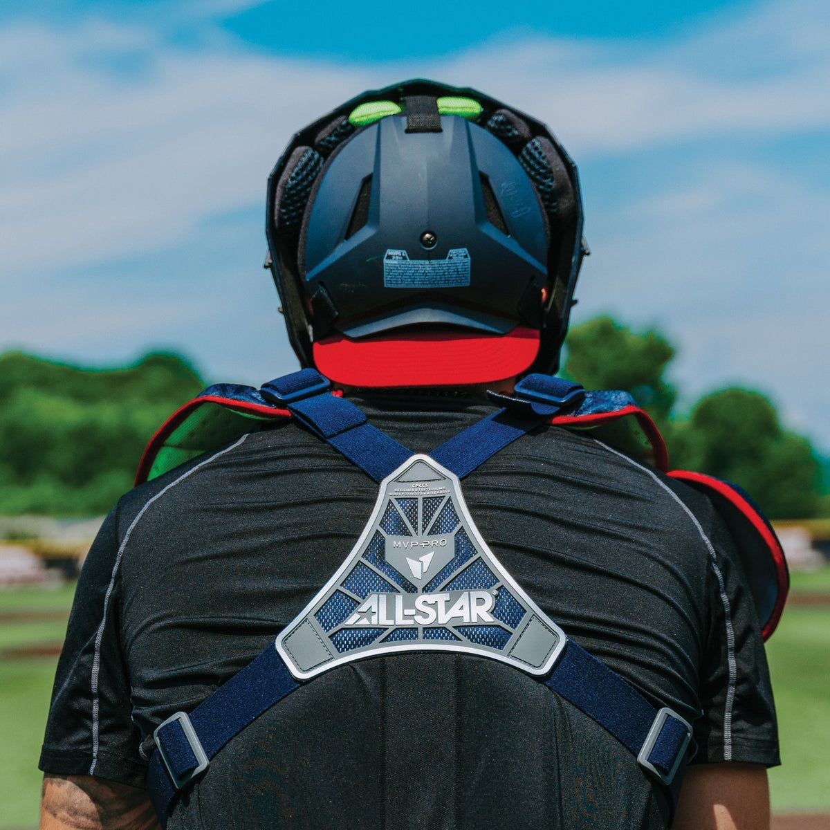 All-Star MVP-Pro chest protector rear harness in navy/scarlet