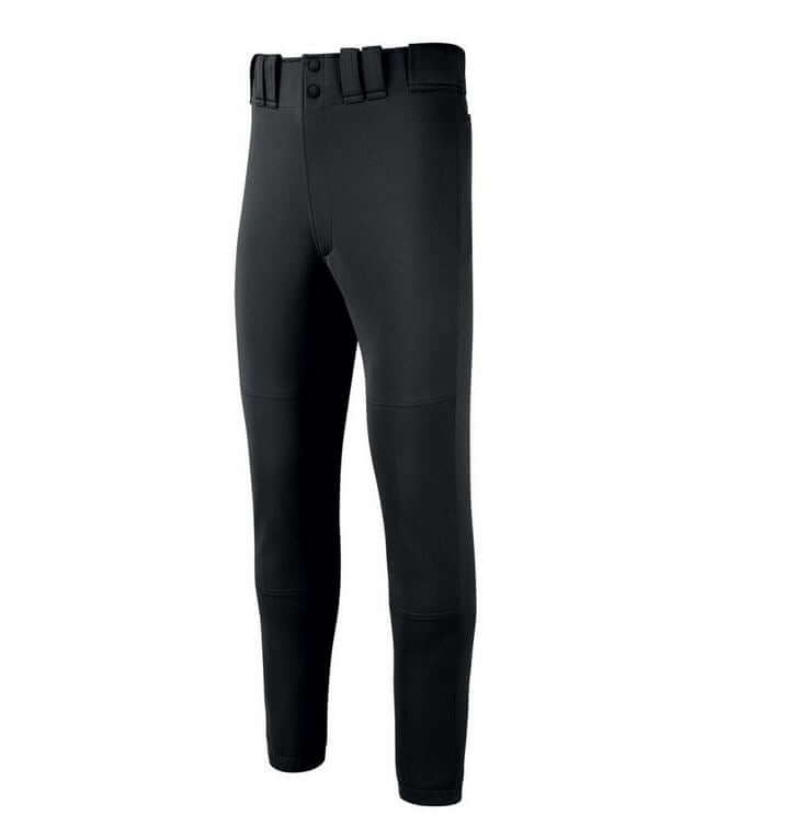 Mizuno Youth Premier Baseball Pant in black, featuring a sleek design and durable double knee construction.