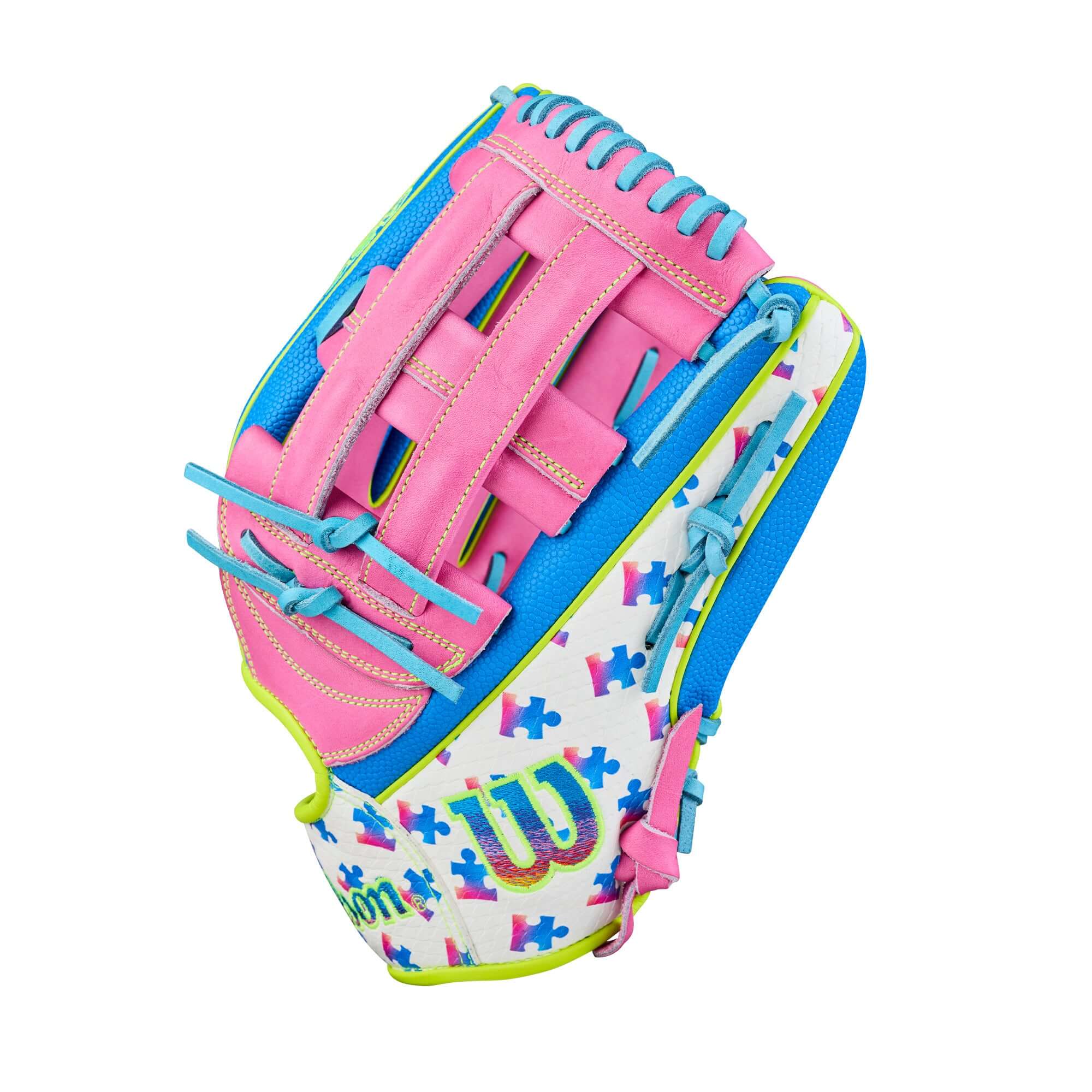 Wilson 2026 Love the Moment A2000 1777 12.75” Outfield Baseball Glove, side view, pink and blue accents with puzzle pattern.