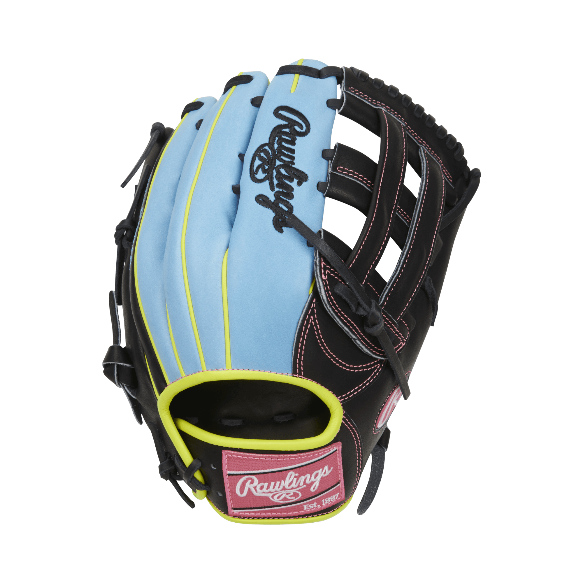 Rawlings Heart of the Hide Color Sync 8.0 Limited Edition 12.75-inch outfield glove in blue and black with bright accents.