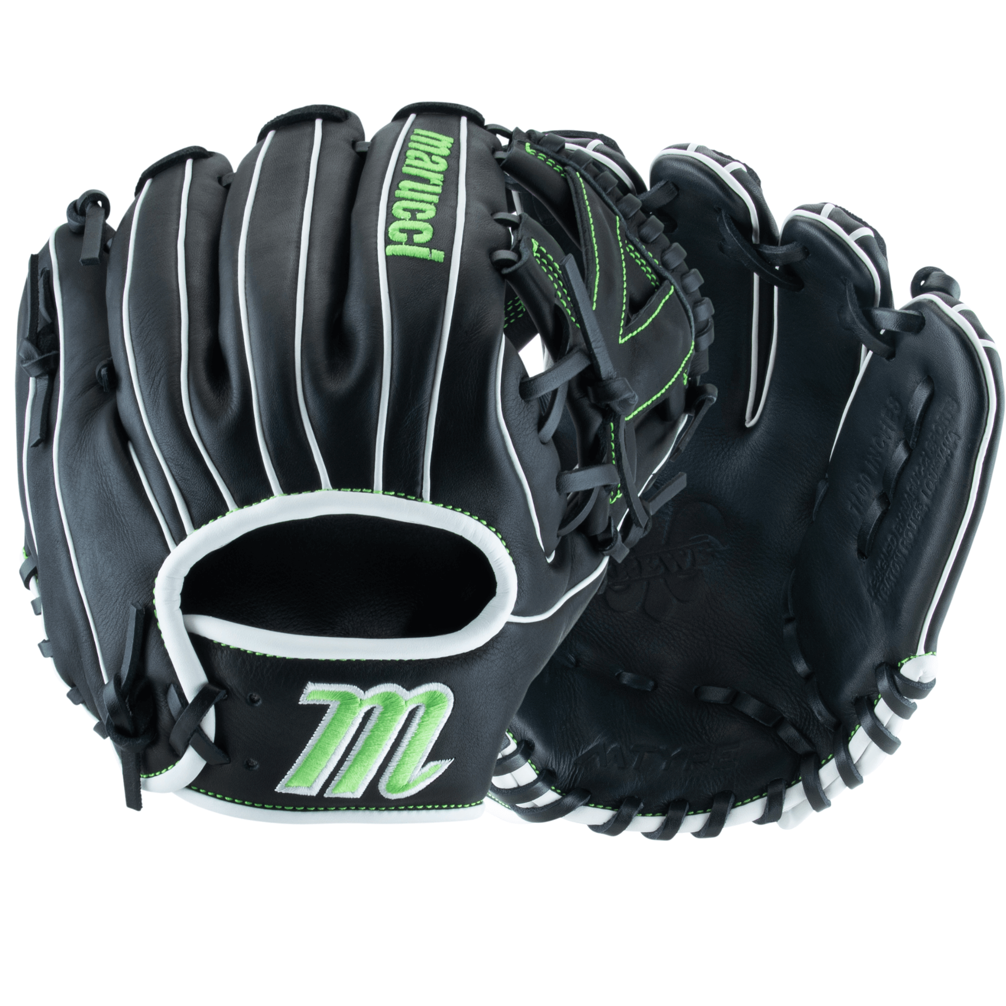 Marucci Krewe Series 41A7 11.00" V Web Mitt, showcasing front and back with dual wide shape and high-quality leather.
