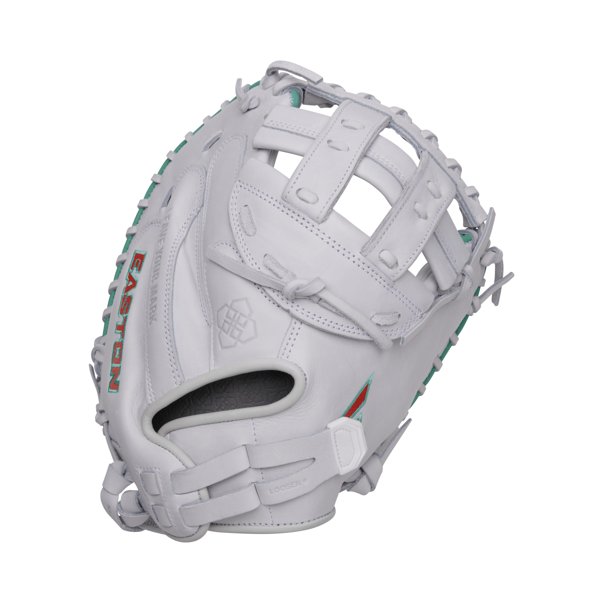 Easton Professional Collection Signature Series J. Schro 34" catcher's mitt in white with teal and orange accents.