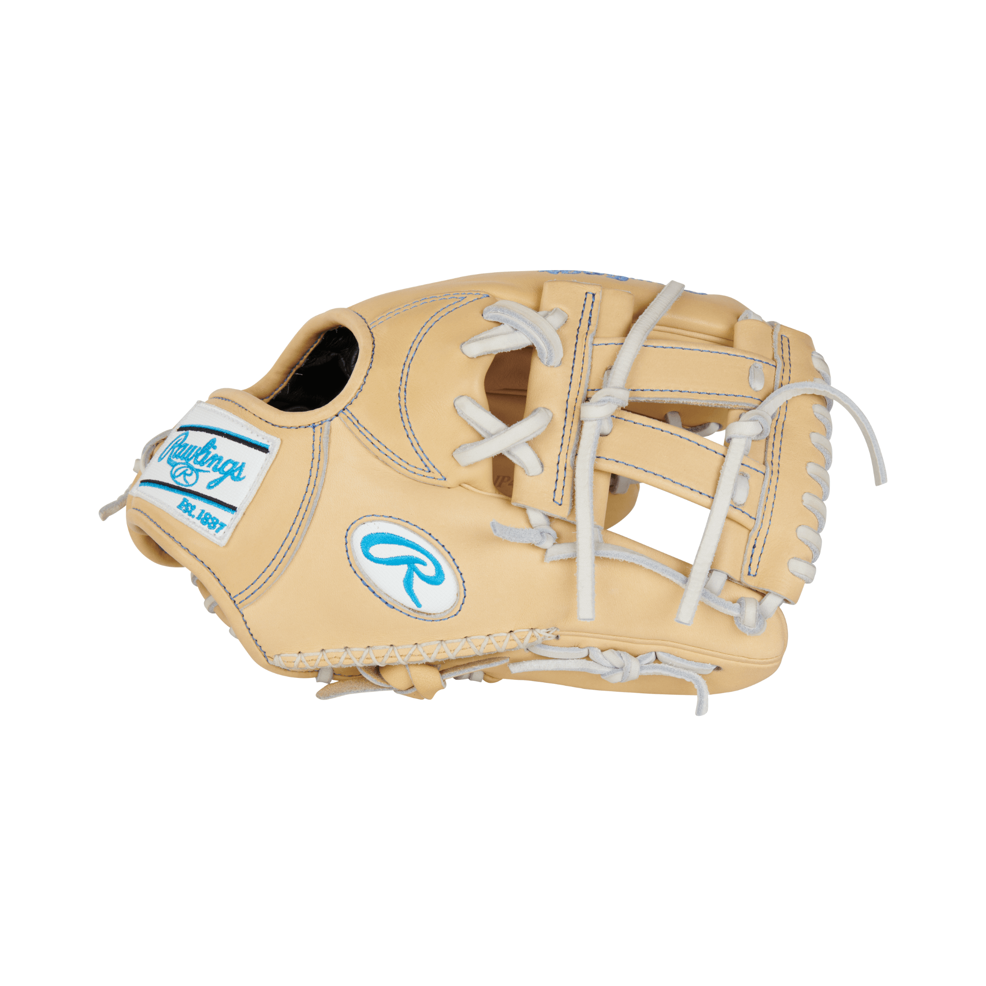 Rawlings Pro Preferred 11.5-inch infield baseball glove in tan leather with blue logo and lacing, ideal for infield play.