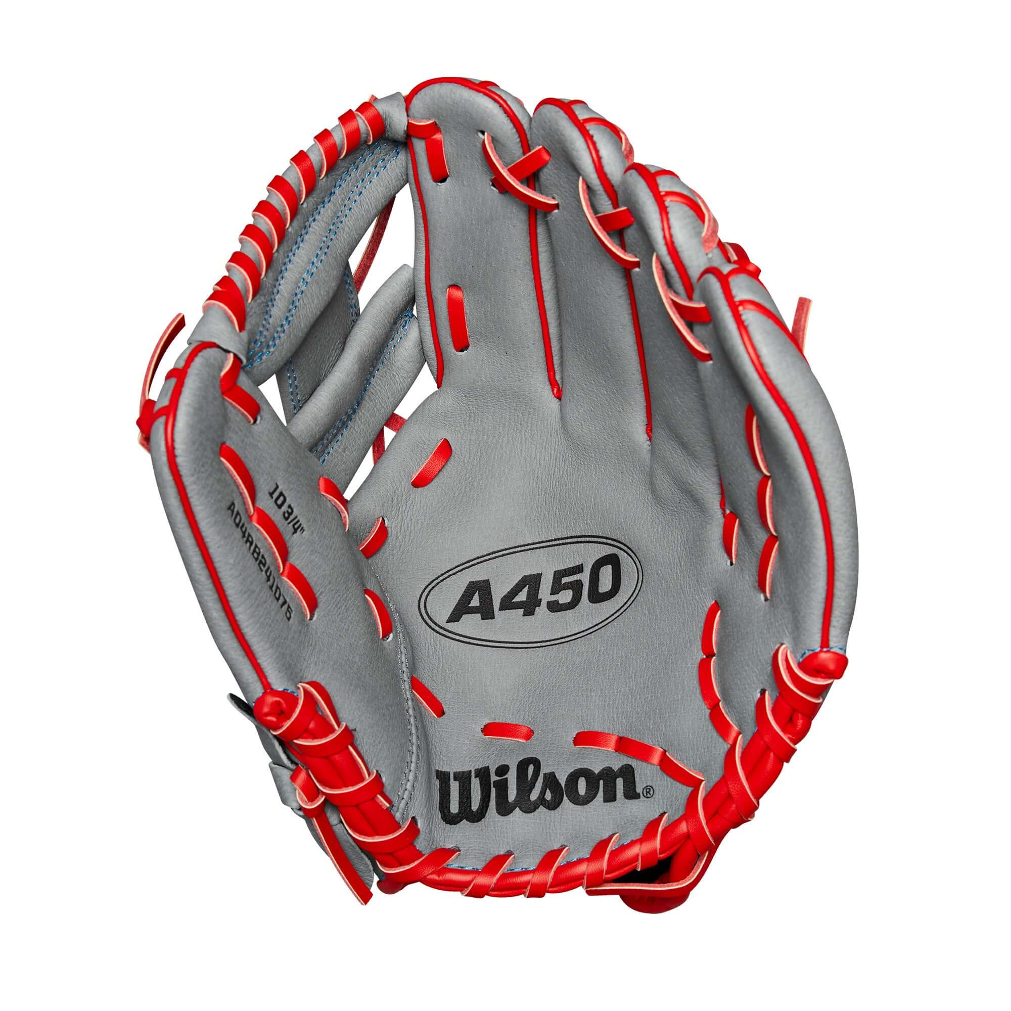 Wilson 2024 A450 10.75" Youth Infield Glove in grey and red, featuring lightweight design and H-Web style.