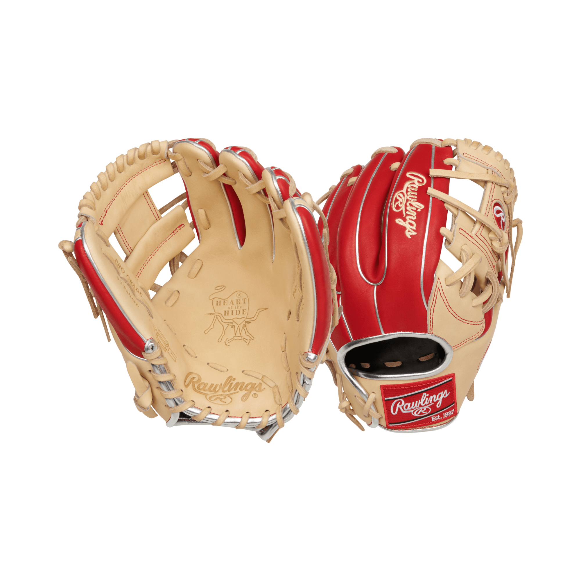 Rawlings R2G Heart of the Hide 11.5" infield baseball glove in camel and scarlet design, perfect for serious players.