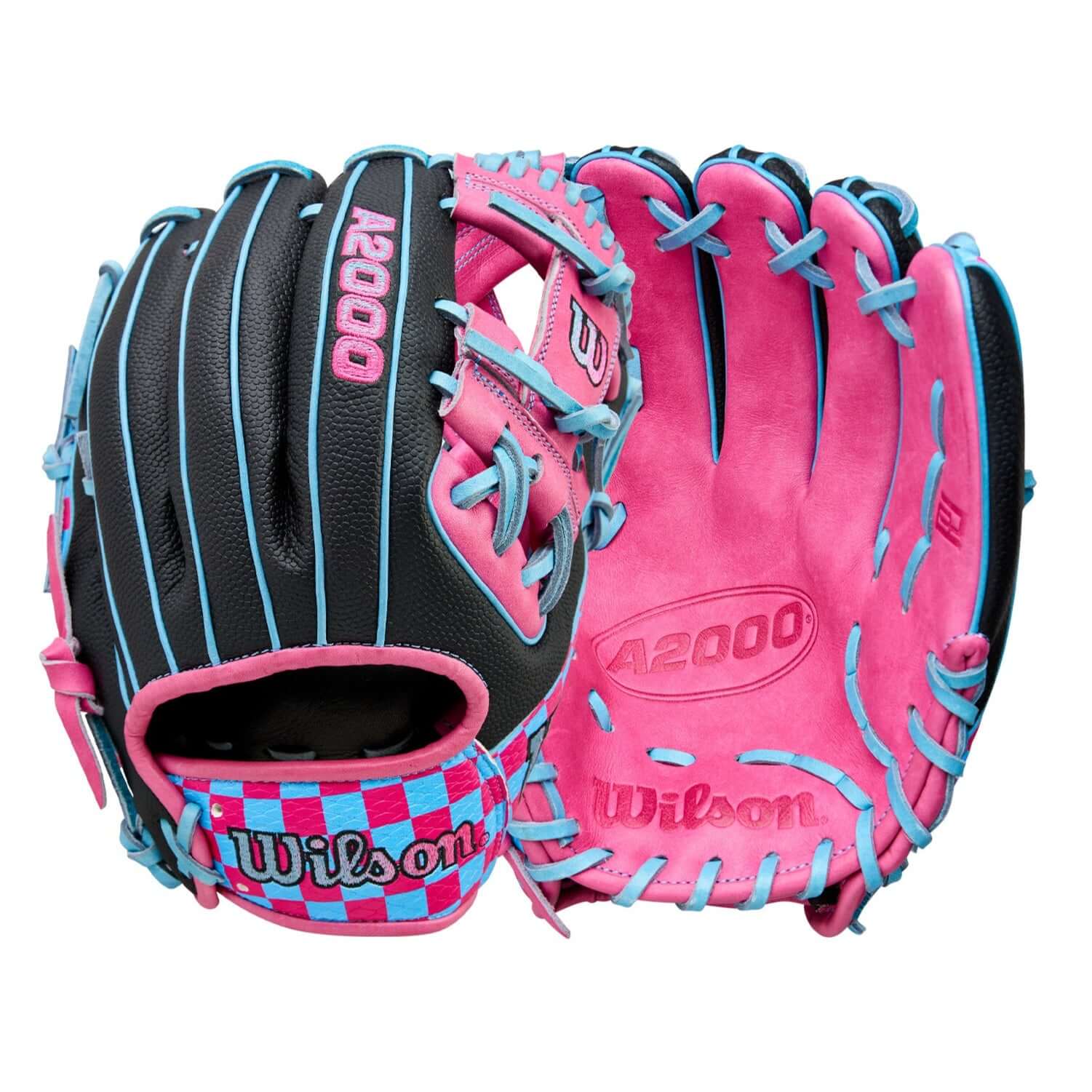 Wilson 2025 Pottstown A2000 1786SS 11.5” Infield Glove front and back views with Pink & Sky Blue checkerboard SuperSnakeSkin™.