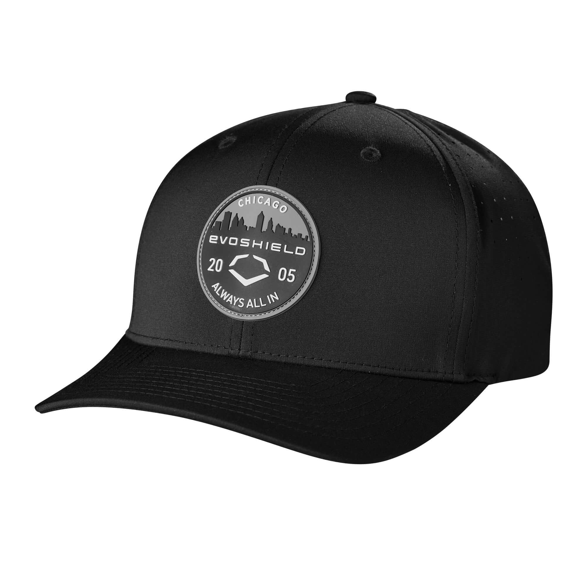 Evoshield Always All In Snapback cap in black with Chicago skyline patch, perfect for workouts and casual wear.
