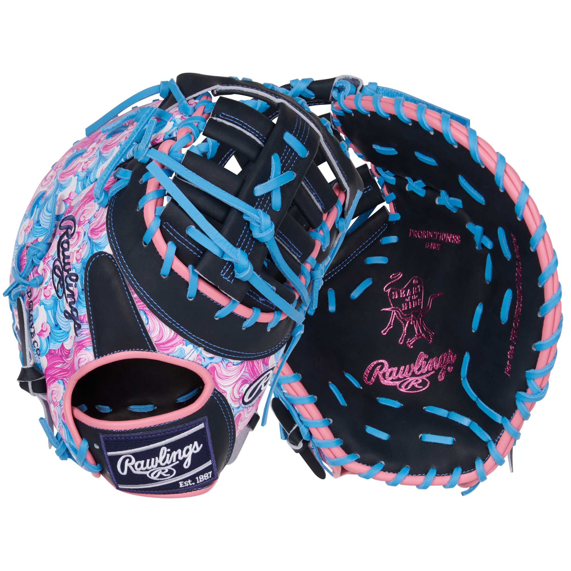 Rawlings Heart of the Hide Colorsync 9.0 First Base Mitt 13'' in vibrant pink and blue design, showcasing quality craftsmanship.