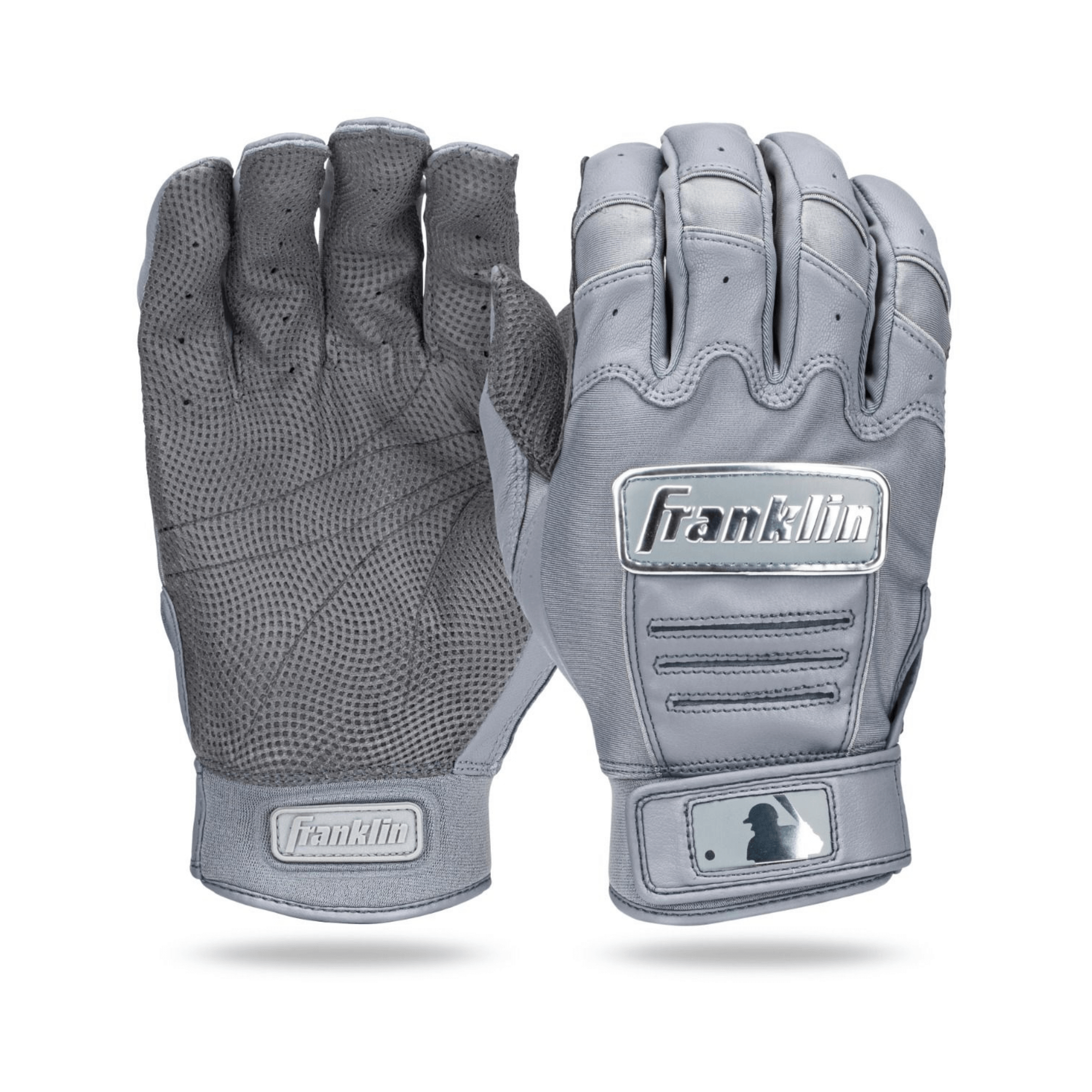 Franklin CFX Pro Chrome Batting Gloves in Gray with Pittards leather palm and silver accents, designed for MLB performance.