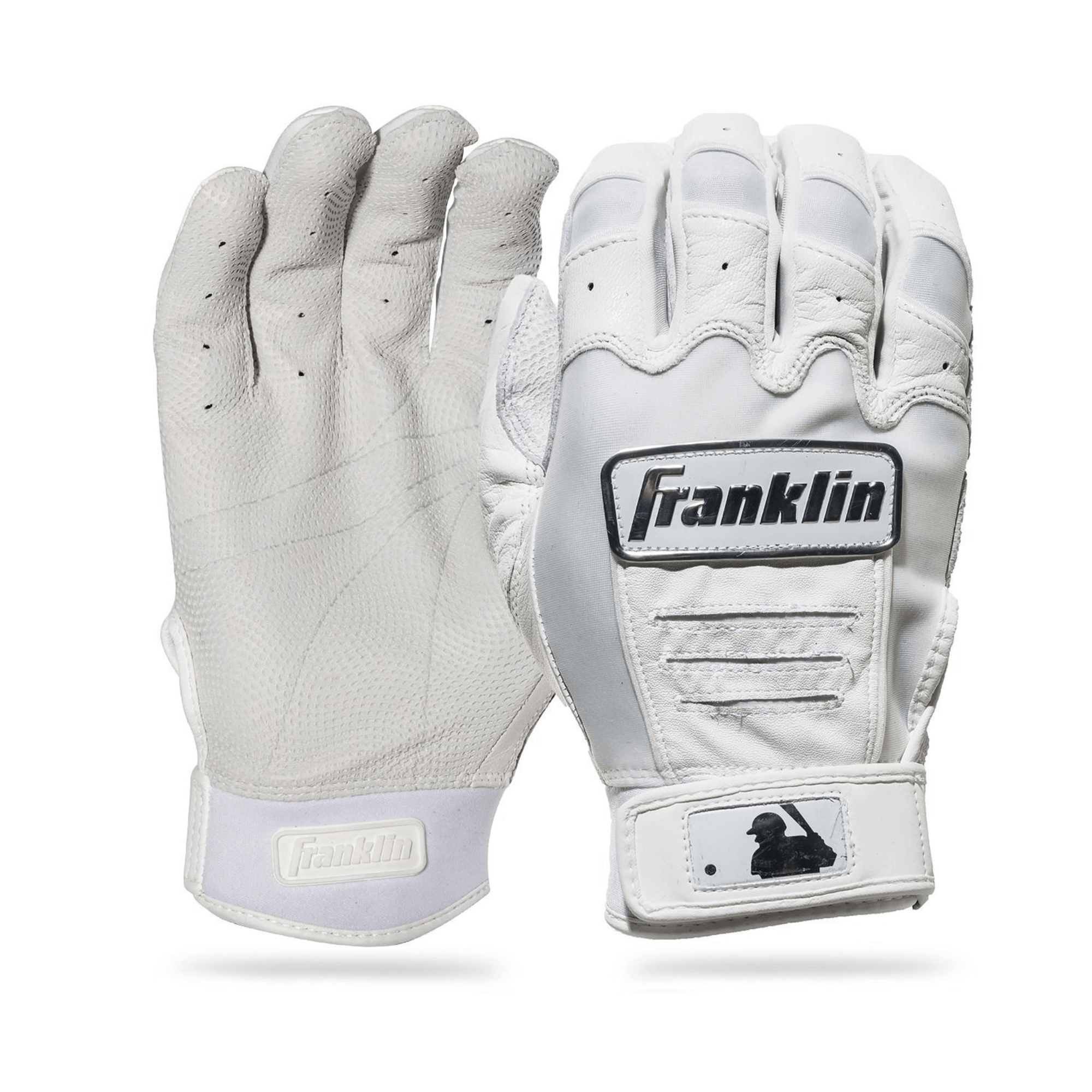 Franklin Youth CFX Pro Chrome Batting Gloves in white, featuring durable sheepskin leather palm and flexible design for better grip.