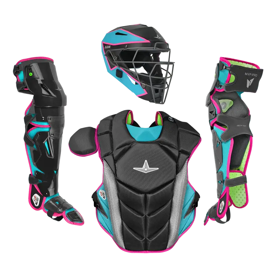 All-Star MVP-Pro Short Fuse Catcher's Kit Miami Nights Limited Edition Black/Sky Blue/Pink Adult front view