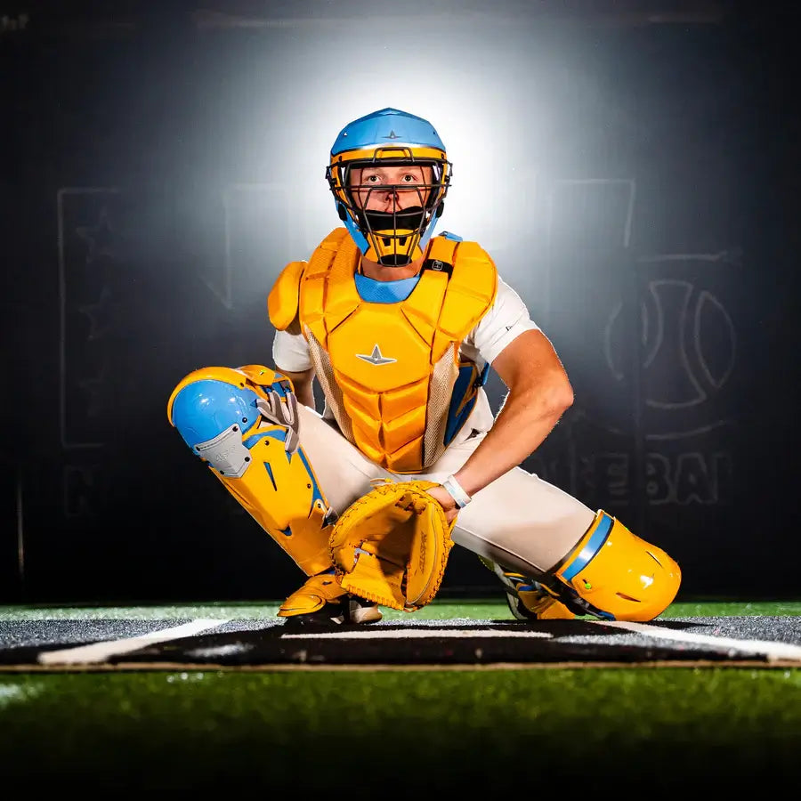 All-Star MVP-Pro Short Fuse Catcher's Kit | Boston Limited Edition | Sky Blue/Yellow (Intermediate) hero image in use by catcher