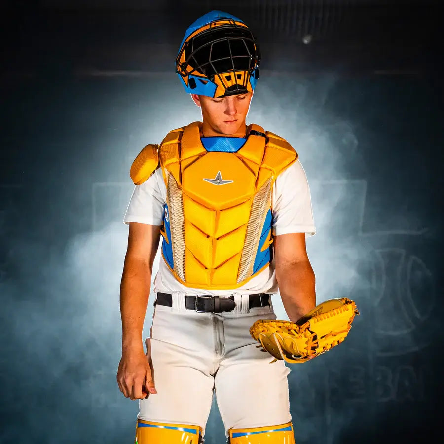 All-Star MVP-Pro Short Fuse Catcher's Kit | Boston Limited Edition | Sky Blue/Yellow (Intermediate) front view with helmet and chest protector.