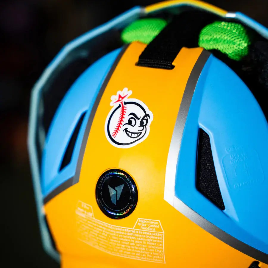 All-Star MVP-Pro Short Fuse Catcher's Kit | Boston Limited Edition | Sky Blue/Yellow helmet back view with logo detail