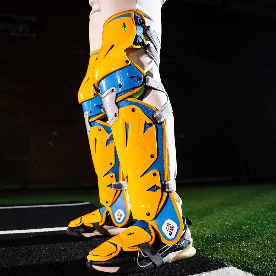 All-Star MVP-Pro Short Fuse Catcher's Kit | Boston Limited Edition | Sky Blue/Yellow (Intermediate) leg guards side view