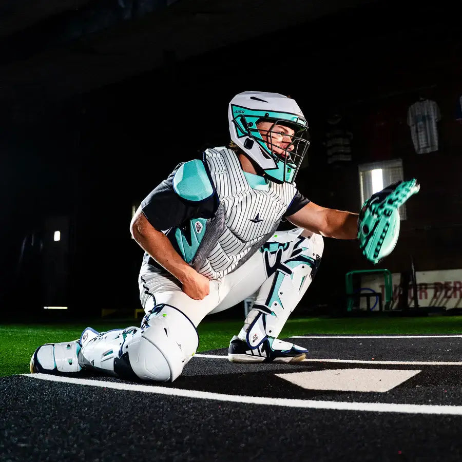 Catcher wearing All-Star MVP-Pro Short Fuse Catcher's Kit | New York Limited Edition | Pinstripe (Adult) in action pose.