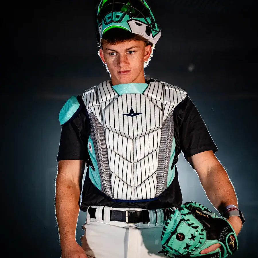 All-Star MVP-Pro Short Fuse Catcher's Kit | New York Limited Edition | Pinstripe (Adult) front view showcasing chest protector and helmet.