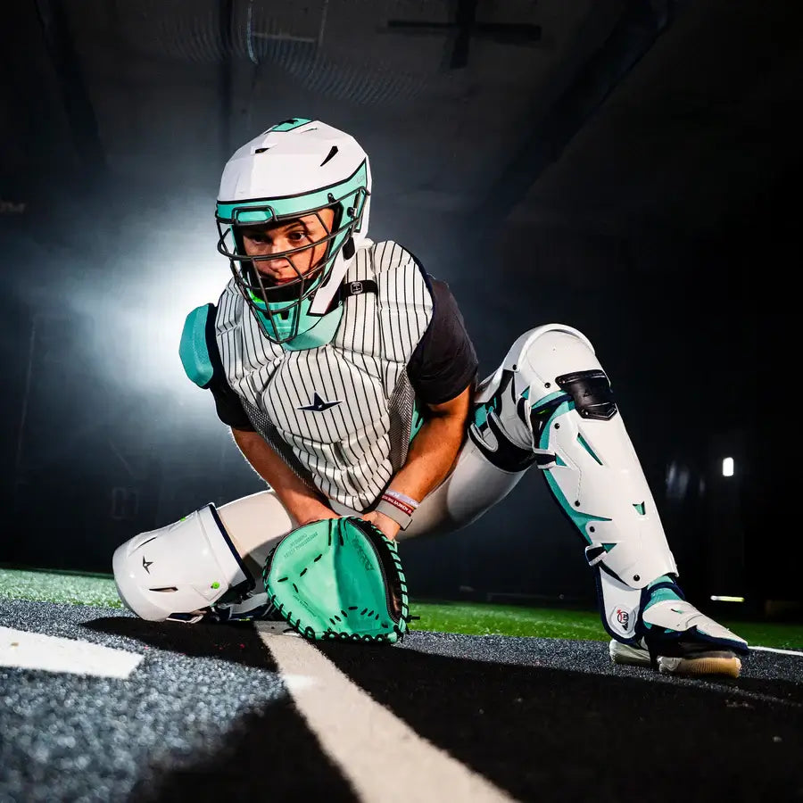 Catcher in action wearing All-Star MVP-Pro Short Fuse Catcher's Kit | New York Limited Edition | Pinstripe (Adult), full front view.