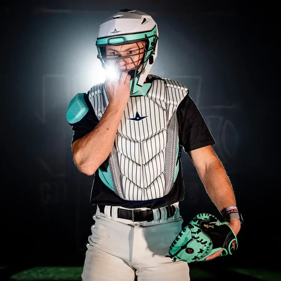 All-Star MVP-Pro Short Fuse Catcher's Kit | New York Limited Edition | Pinstripe (Adult) front view showing helmet and chest protector.
