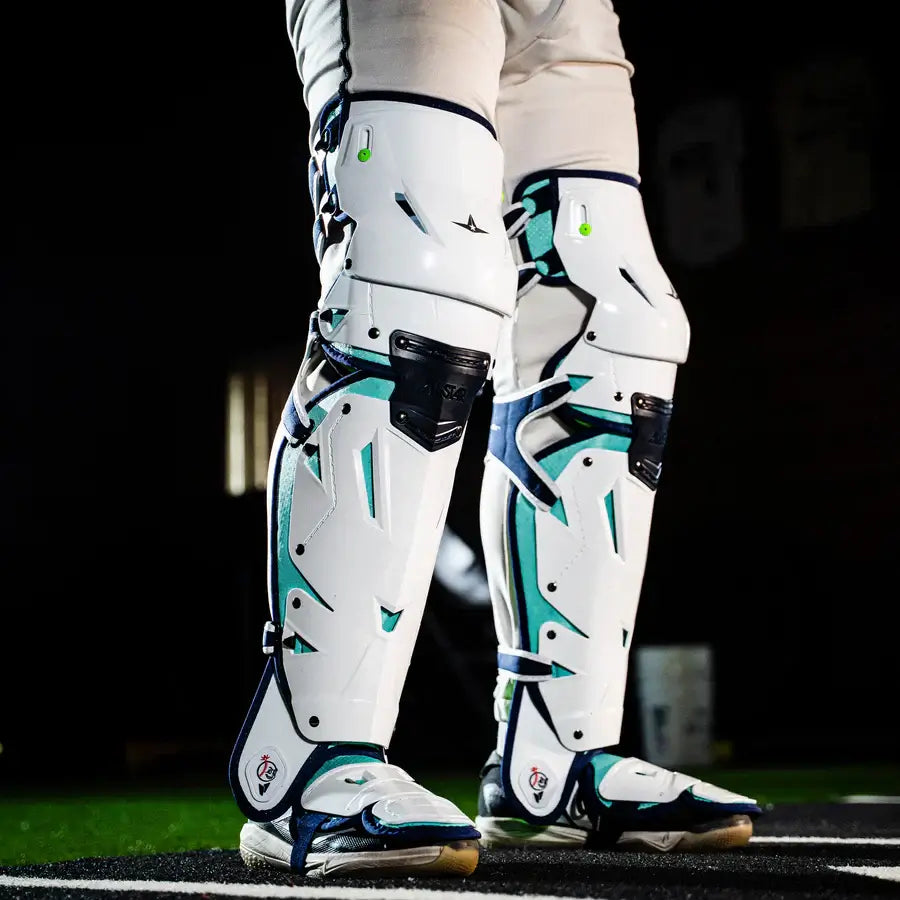 All-Star MVP-Pro Short Fuse Catcher's Kit | New York Limited Edition | Pinstripe (Adult) leg guards, front view with knee protection and strap detail.