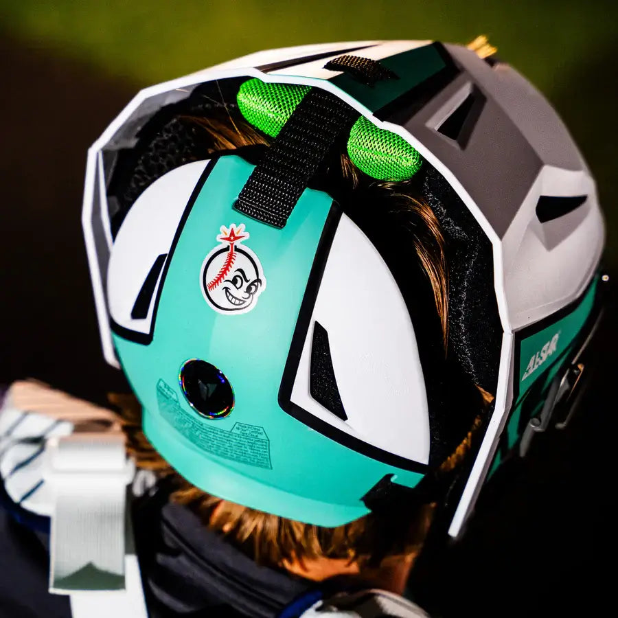 Back view of All-Star MVP-Pro Short Fuse Catcher's Kit helmet, New York Limited Edition, featuring Pinstripe design and logo.