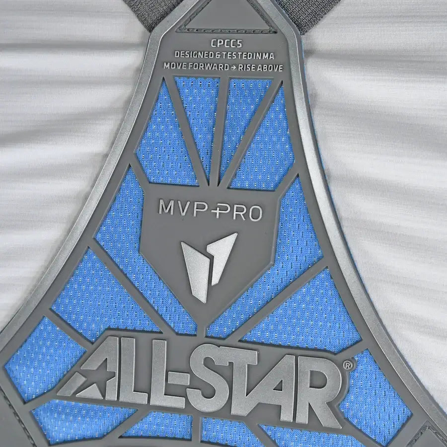 Close-up of All-Star MVP PRO PHX FATHERS DAY PRO SERIES Medium chest protector blue mesh and logo details