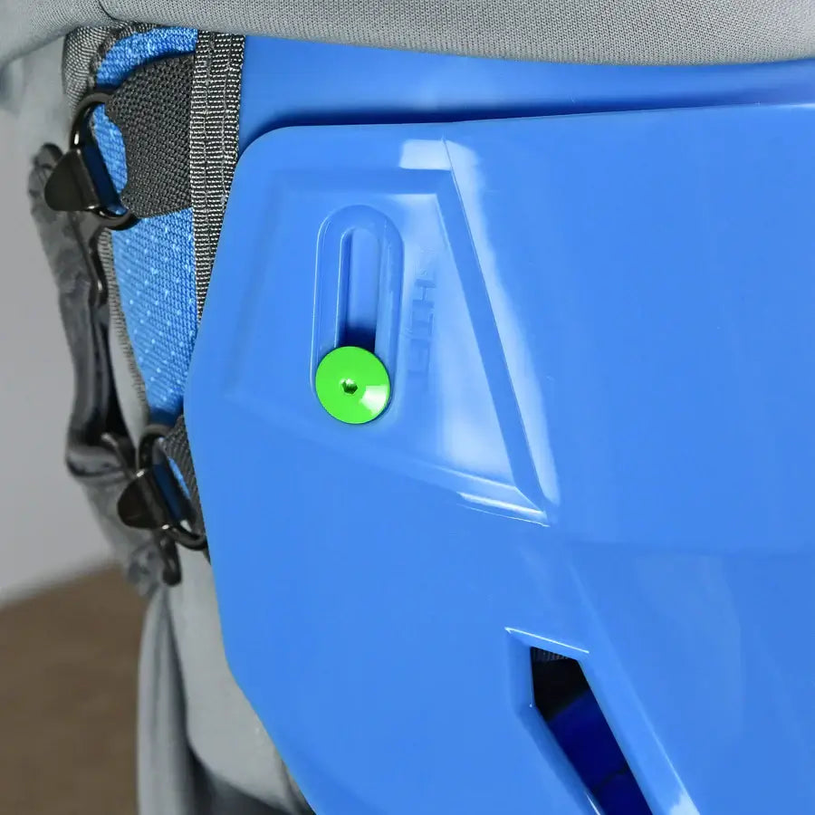 Close-up of All-Star MVP PRO PHX FATHERS DAY PRO SERIES Medium chest protector with blue exterior and green adjustment button.