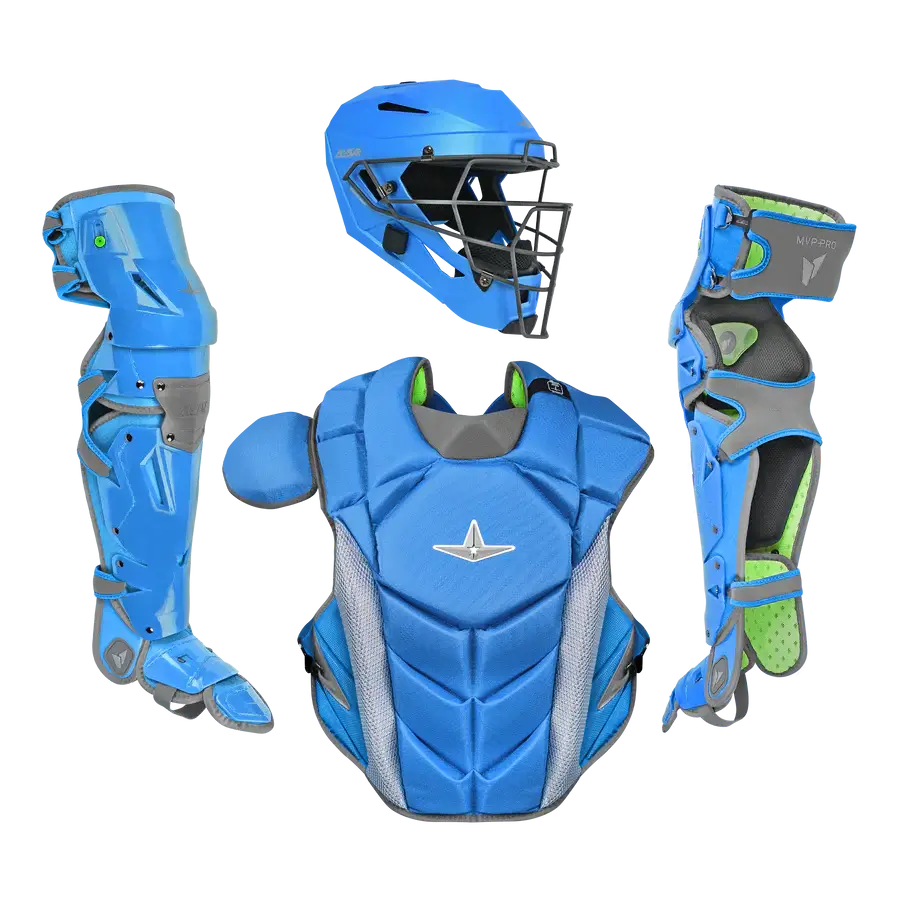 All-Star MVP PRO PHX FATHERS DAY PRO SERIES Medium catcher's gear set, blue color, includes helmet, chest protector, and leg guards.