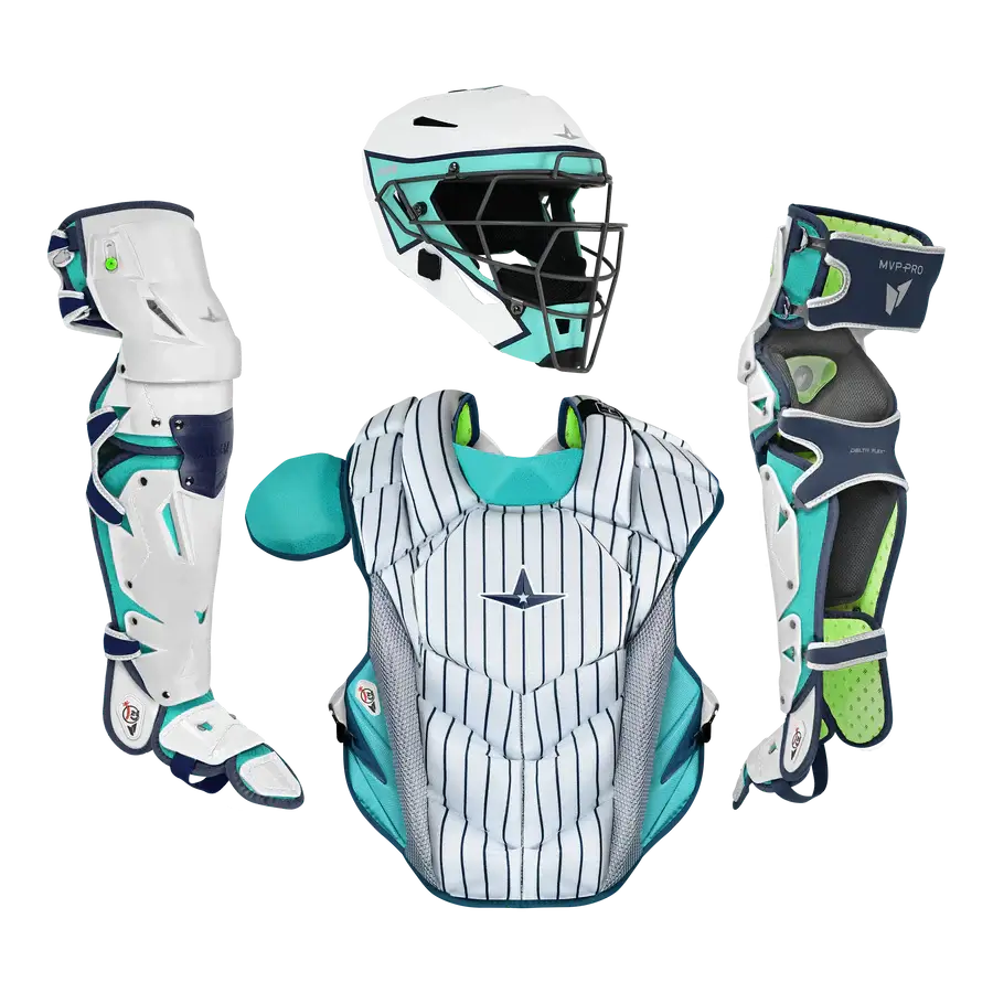 All-Star MVP-Pro Short Fuse Catcher's Kit | New York Limited Edition | Pinstripe (Adult), front view with helmet, chest protector, and leg guards.