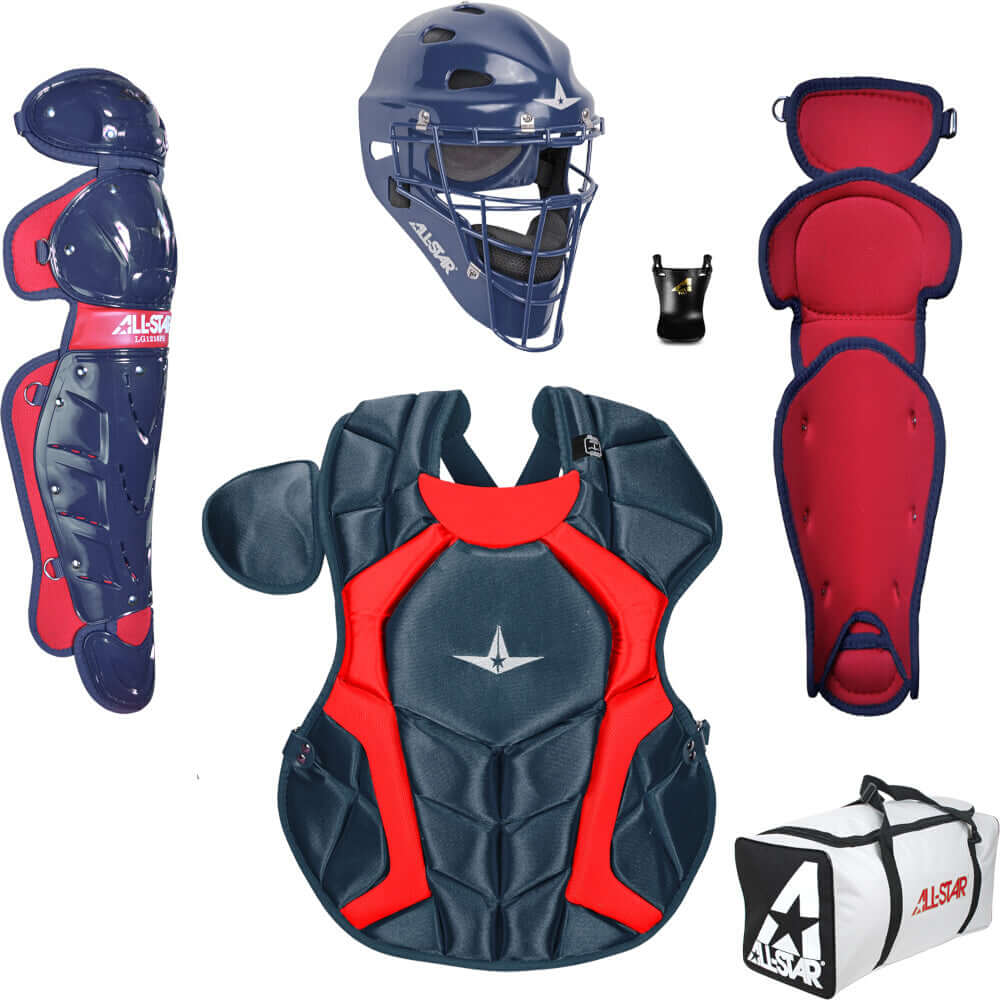 All-Star Player's Series Two Tone Catching Kit for ages 7-9, including helmet, chest protector, leg guards, and equipment bag.