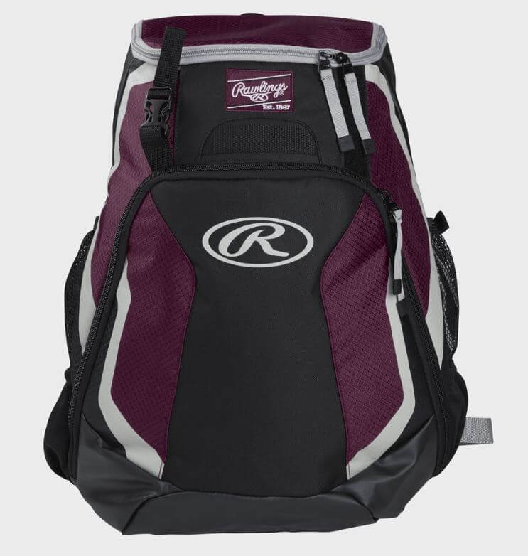 Front view of Rawlings Players Backpack in black and maroon, featuring central logo and multiple storage compartments.