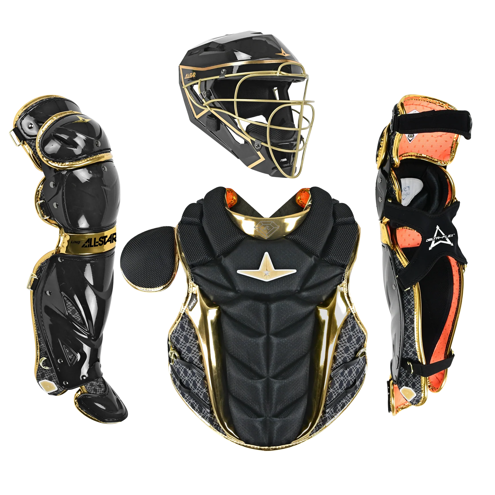 All-Star PHX Gold Diamond Collection Fastpitch Catching Kit featuring helmet, chest protector, and leg guards
