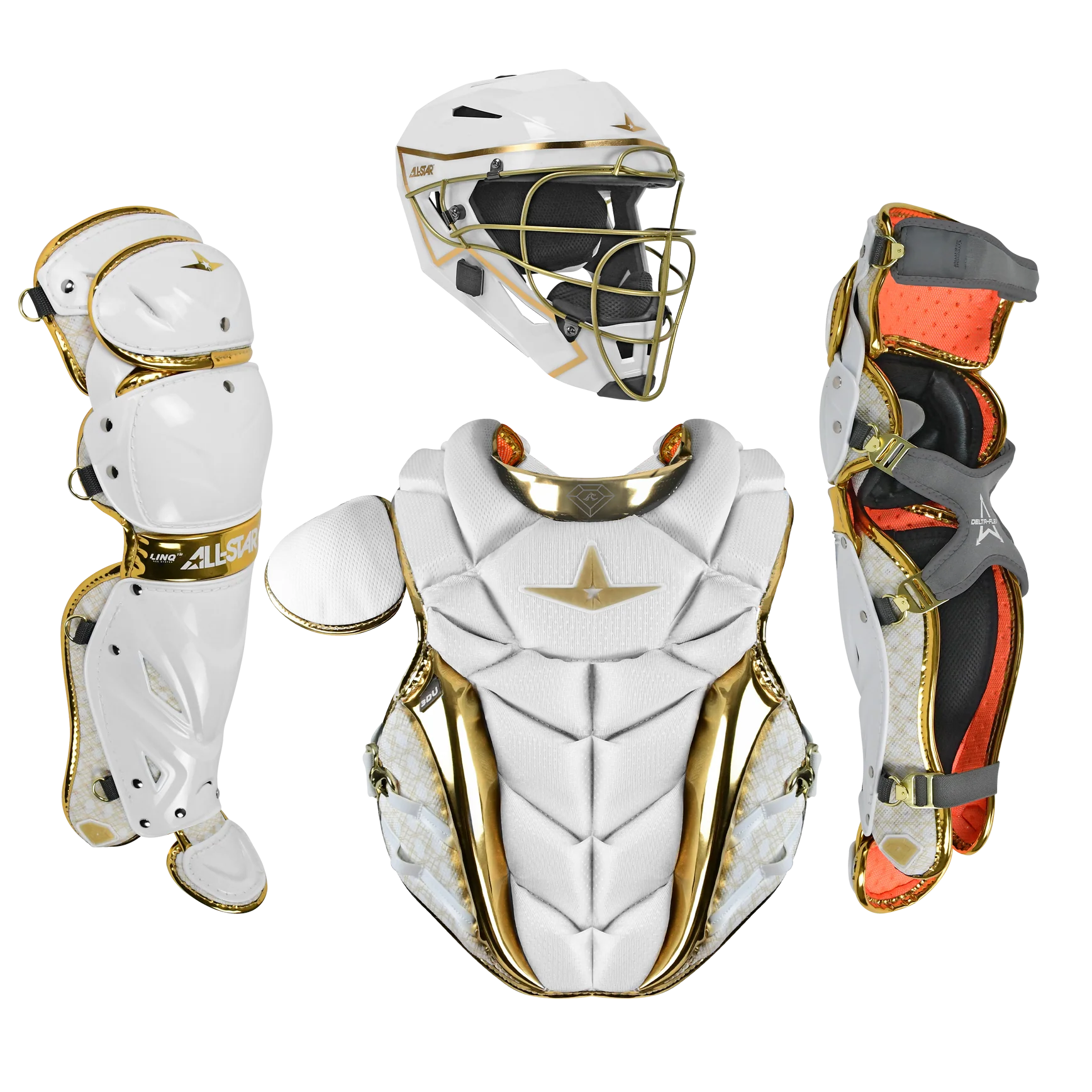 All-Star PHX Gold Diamond Collection Fastpitch Catching Kit featuring luxury white and gold catcher gear.