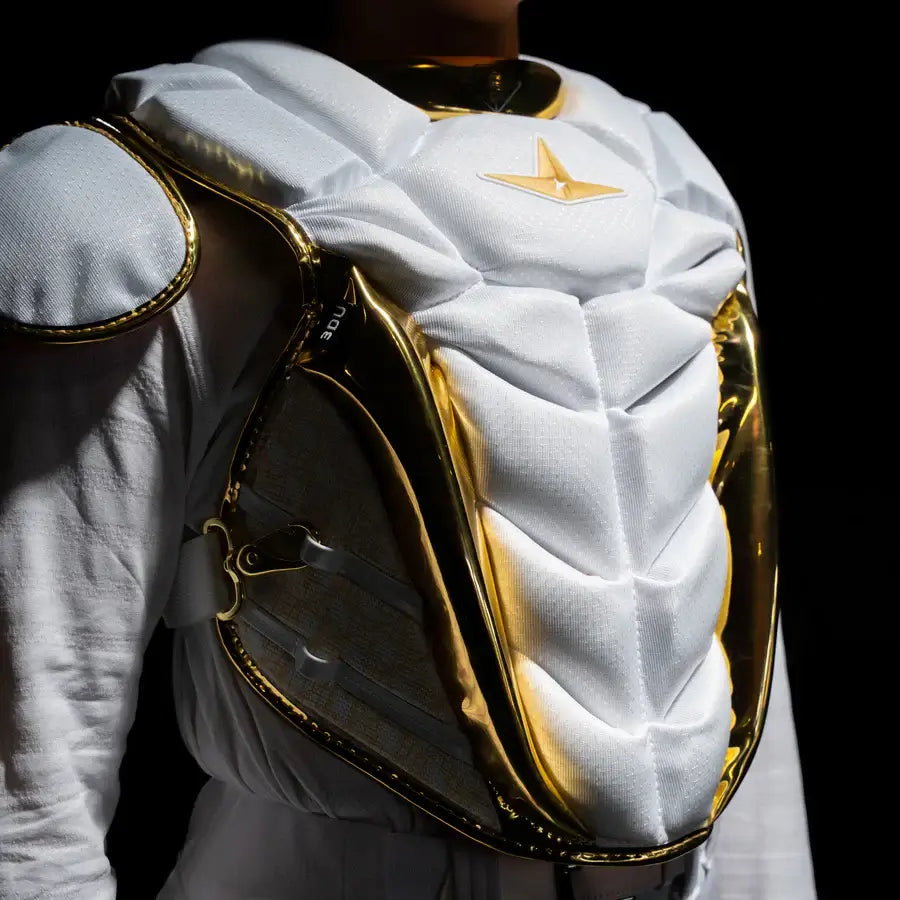 All-Star MVP Pro PHX™ Diamond Series Softball Catcher's Kit | White/Gold (Small), chest protector front view with gold trim