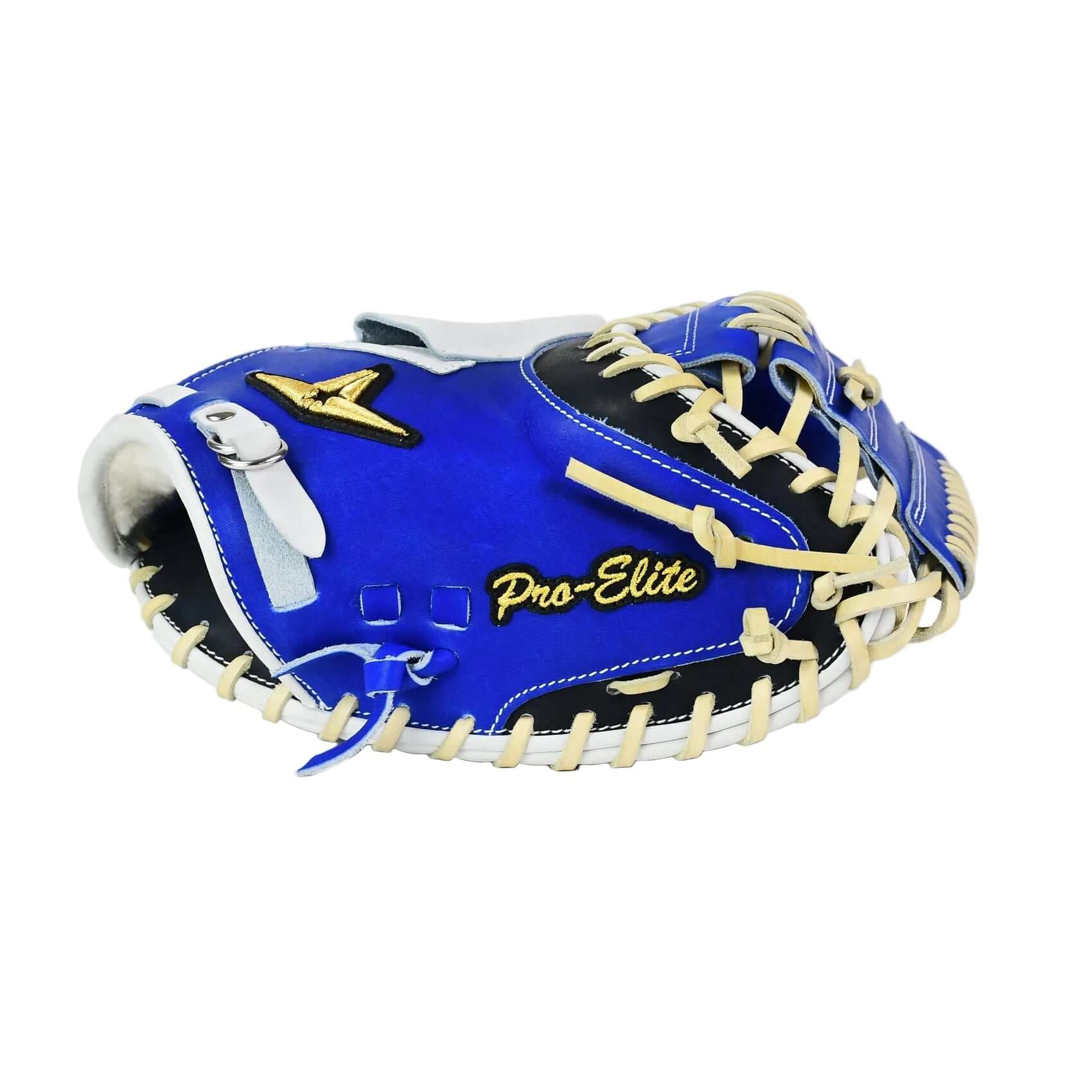 All-Star Pro-Elite Japan 34" Catchers Mitt Closed Back Royal/Nav/White, side view, royal blue exterior, white lacing, gold logo.