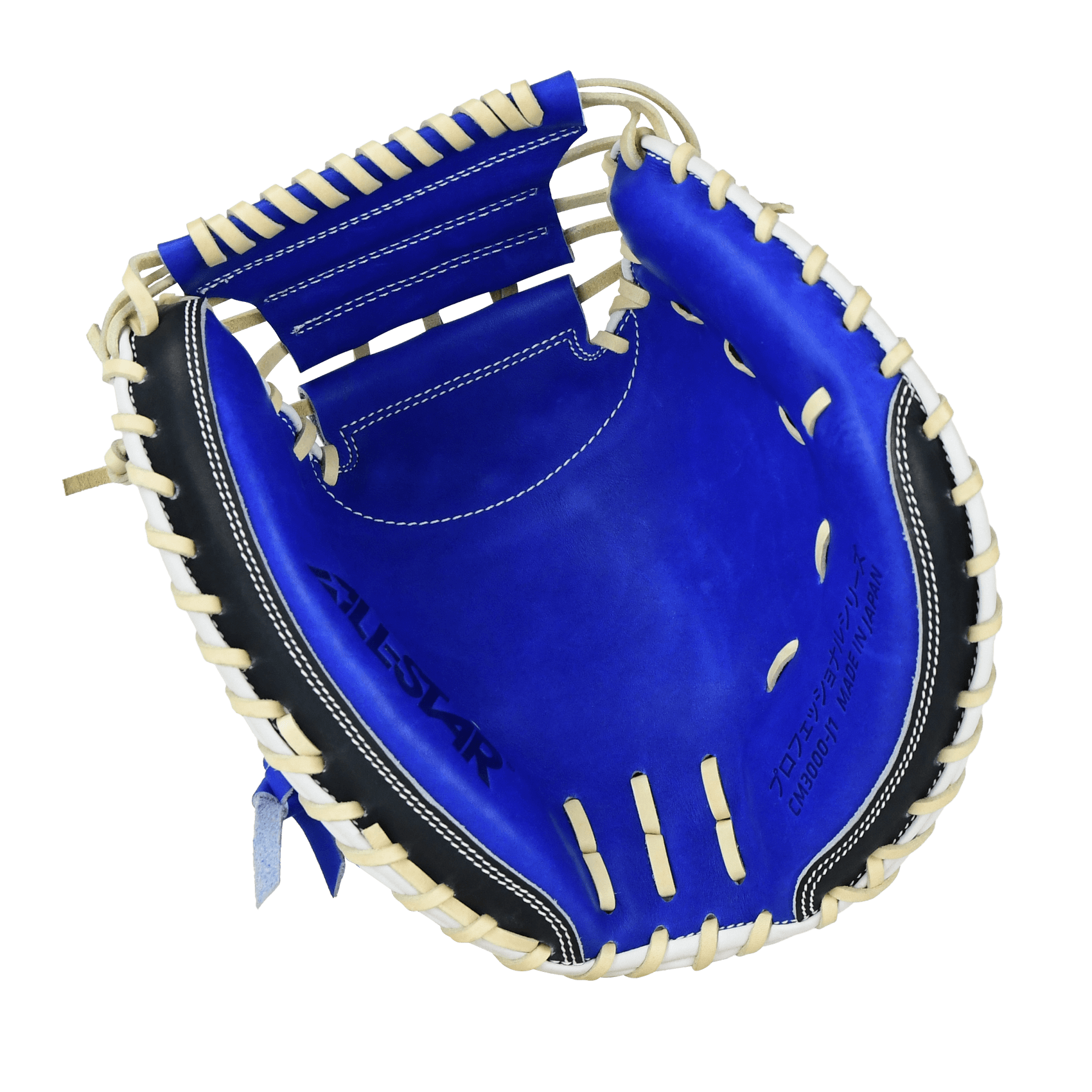 Palm view of All-Star Pro-Elite Japan 34" Catchers Mitt Closed Back Royal/Nav/White showing blue interior and beige lacing.