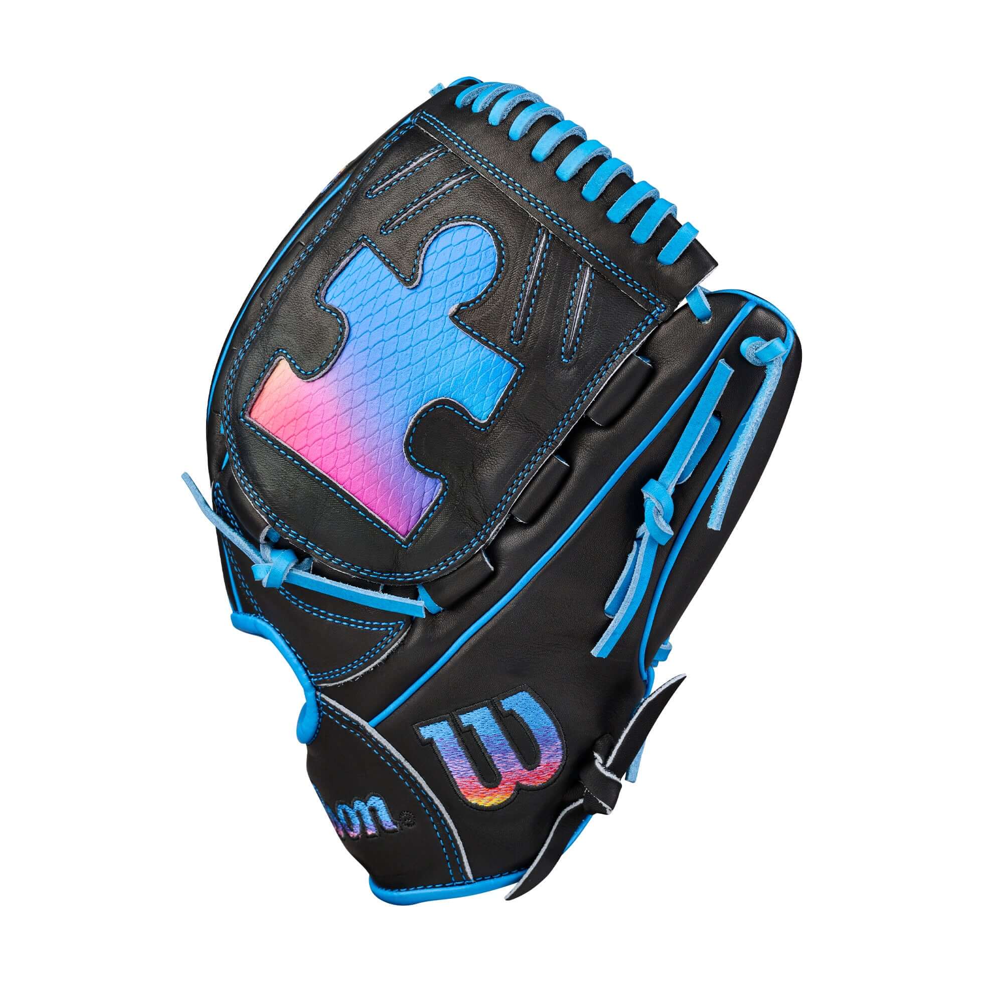 Wilson 2026 Love the Moment A2000 B23 Puzzle Piece 12” Pitcher’s Baseball Glove LHT, backhand view, black with blue lacing.