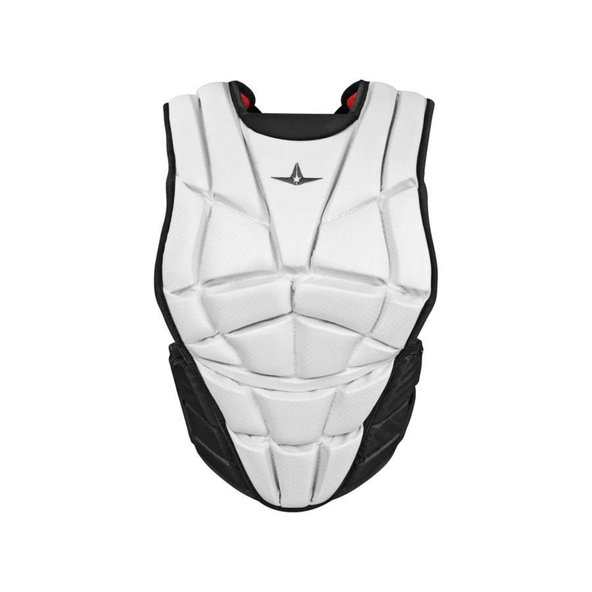All-Star AFx Fastpitch chest protector in white and black, designed for elite female catchers with breathable back and adjustable fit.