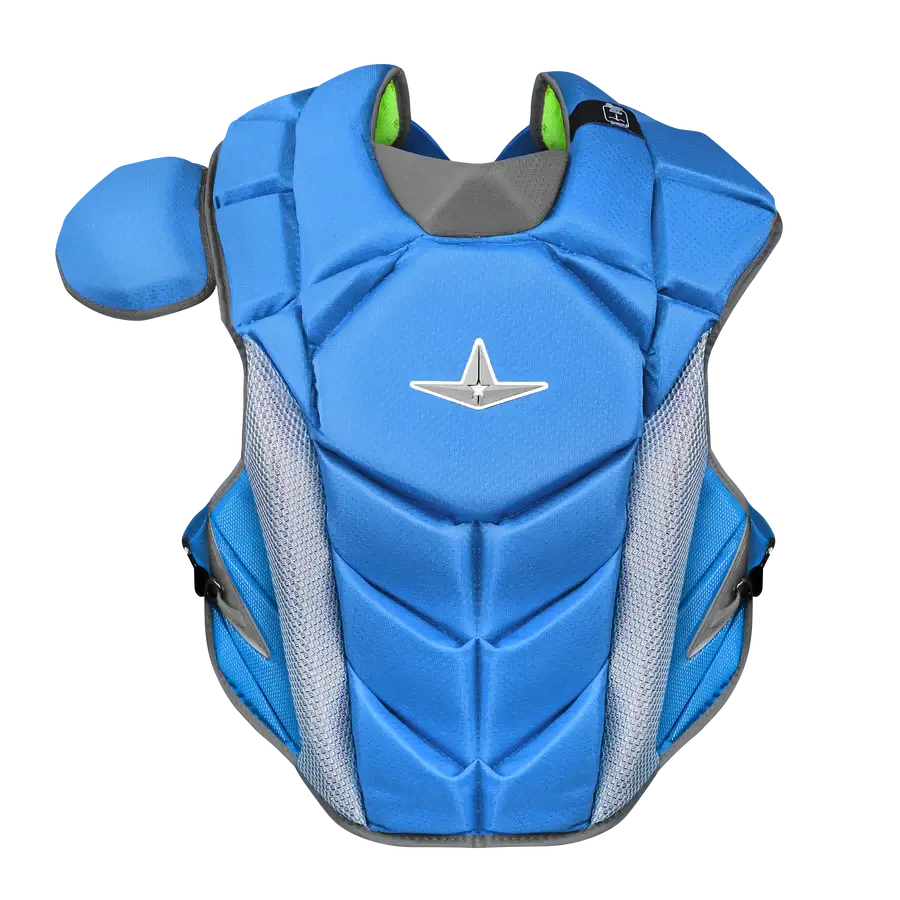 All-Star MVP PRO PHX FATHERS DAY PRO SERIES Medium chest protector, front view, blue with silver mesh.