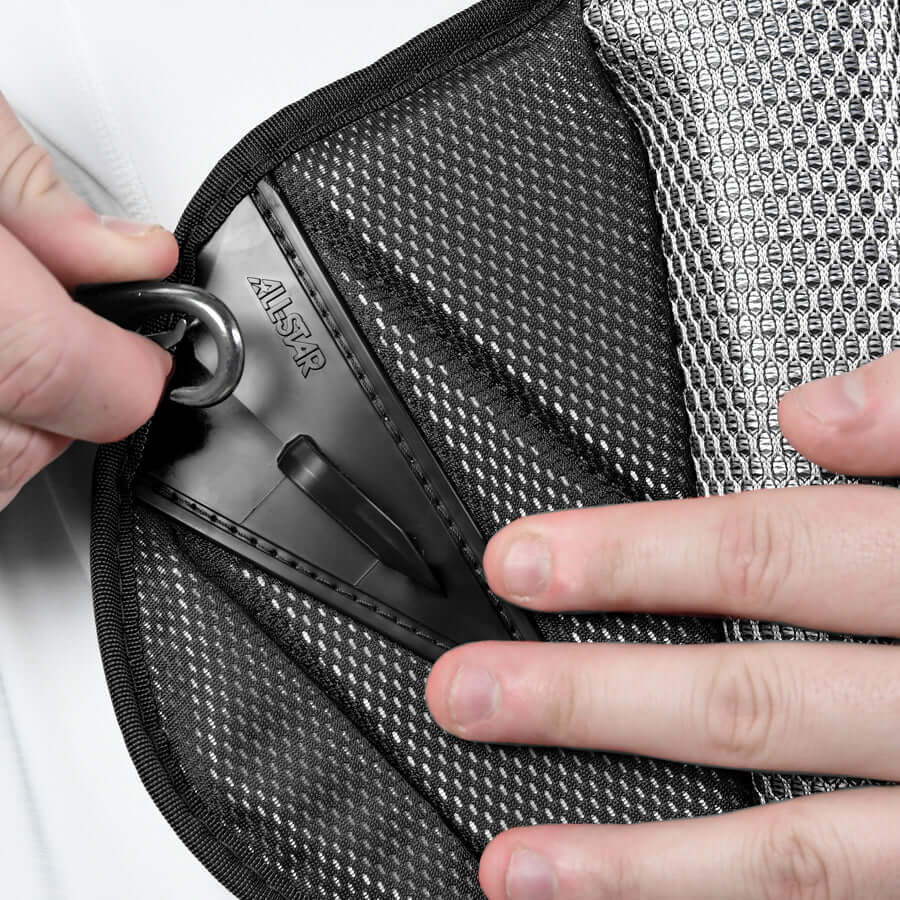 Close-up of All-Star MVP-PRO™ Chest Protector with visible strap detail and Delta Flex® harness adjustments, small size, black/black color.