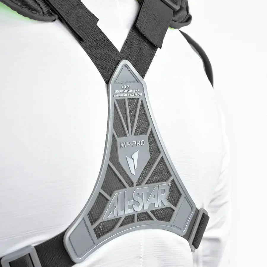 Back view of All-Star MVP-PRO™ Chest Protector NOCSAE Small BK/BK showing Delta Flex® harness and logo detail.