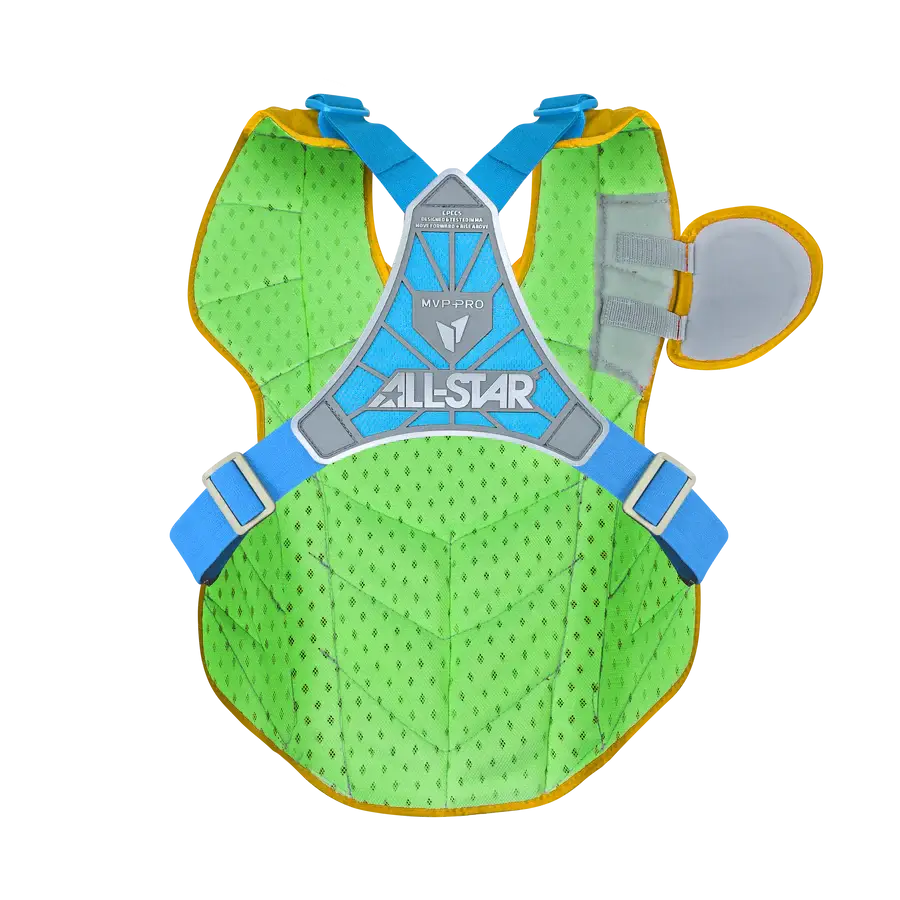 Back view of All-Star MVP-Pro Short Fuse Catcher's Kit Boston Limited Edition Sky Blue/Yellow chest protector with straps and padding.