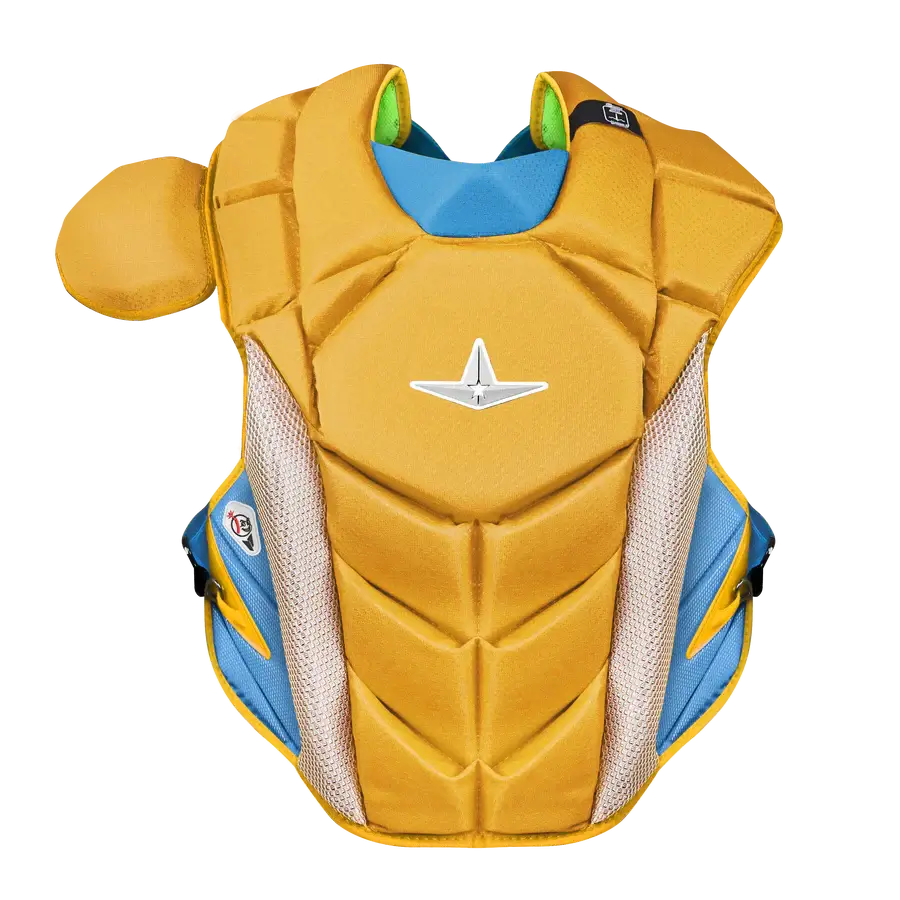 All-Star MVP-Pro Short Fuse Catcher's Kit Boston Limited Edition chest protector front view in Sky Blue/Yellow