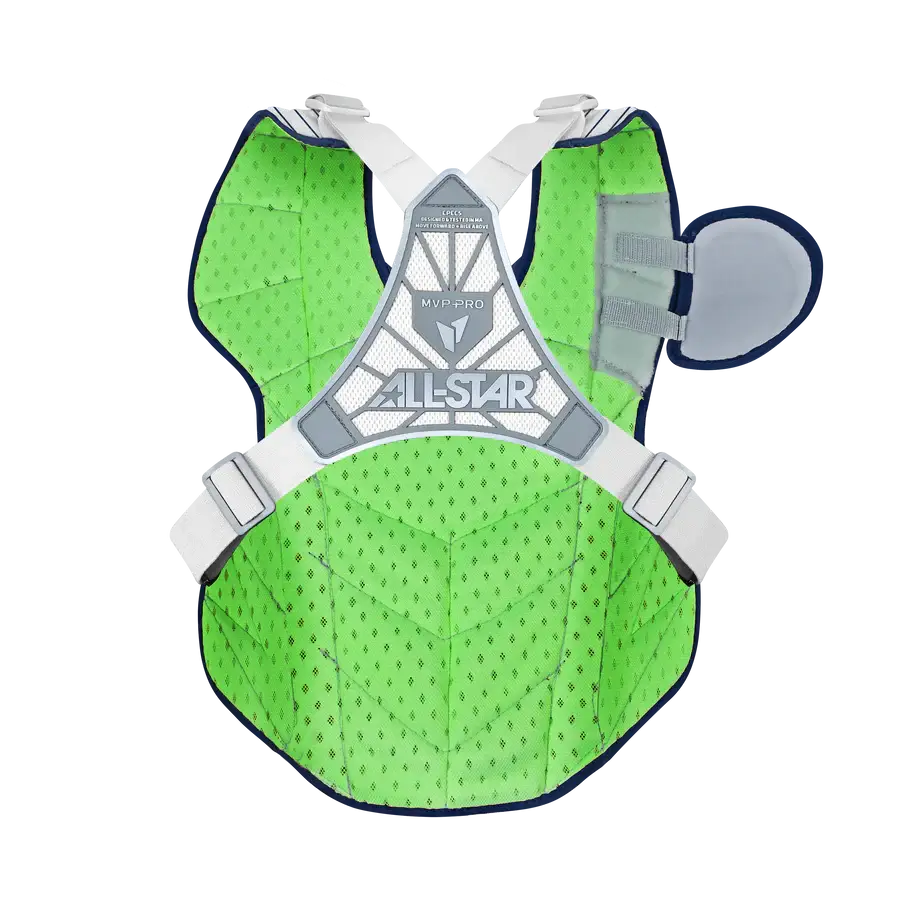 Back view of All-Star MVP-Pro Short Fuse Catcher's Kit chest protector, New York Limited Edition, Pinstripe, green interior, brand logo visible.