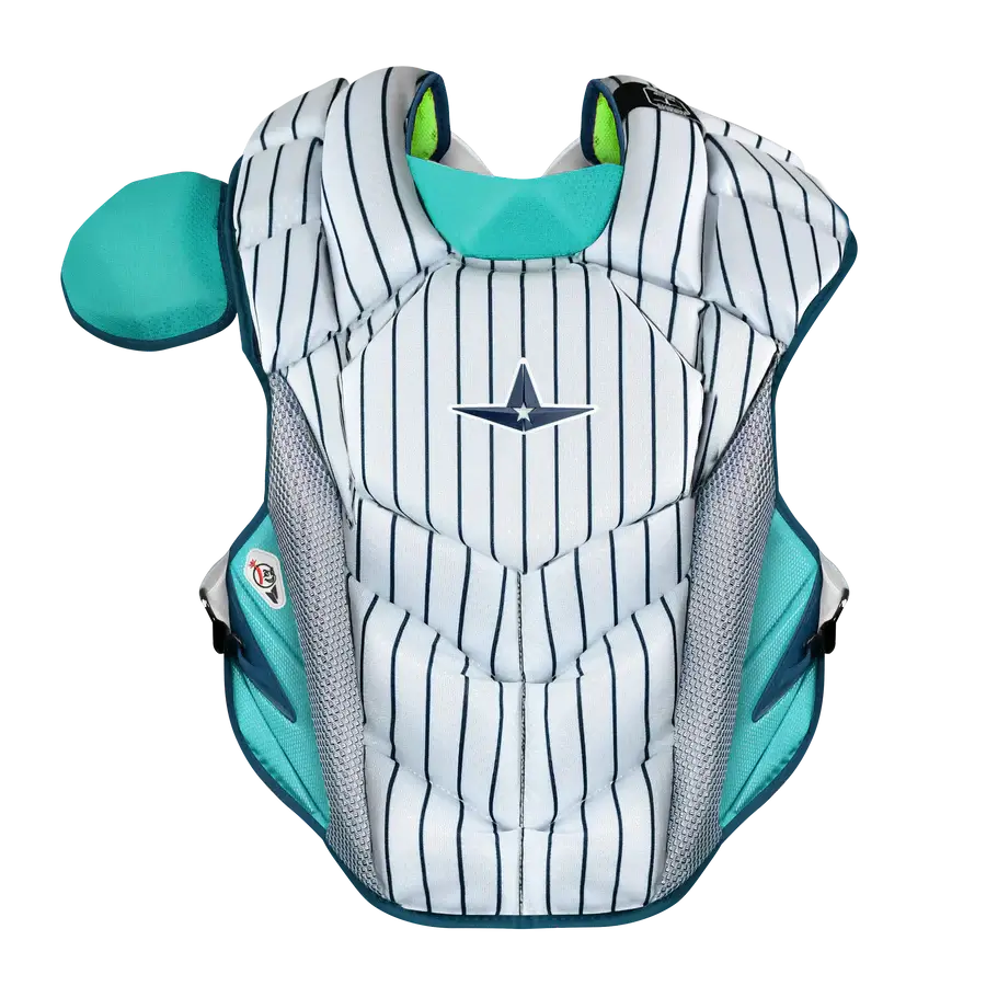 All-Star MVP-Pro Short Fuse Catcher's Kit | New York Limited Edition | Pinstripe (Adult) chest protector front view