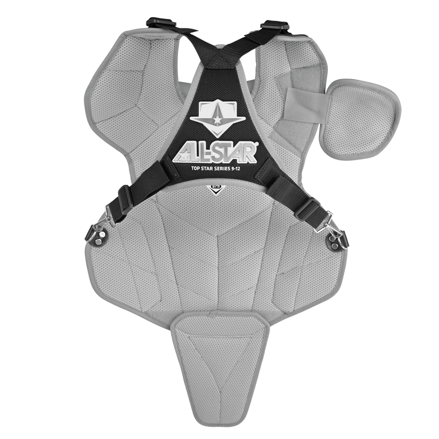 All-Star Top Star Series catcher chest protector in gray, featuring adjustable straps and premium mesh for travel ball catchers.