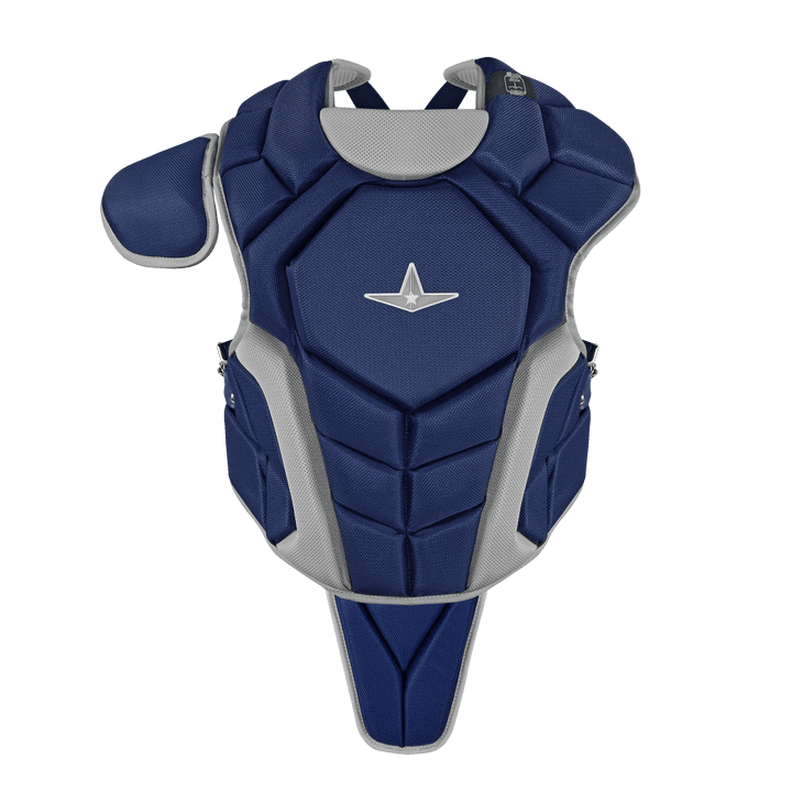 Navy blue catcher’s chest protector with adjustable straps and padding, designed for youth size, meets NOCSAE standards.