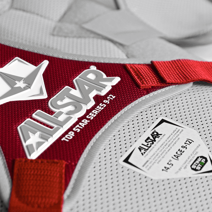 All-Star Top Star catcher's kit label showing size and series for ages 9-12, featuring premium red and gray materials.